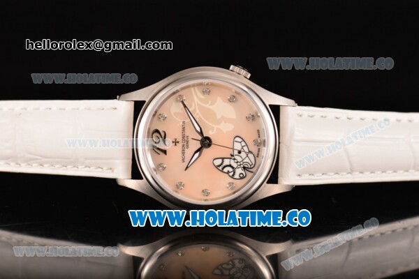 Vacheron Constantin Metiers d'Art Swiss ETA 2824 Automatic Steel Case with Pink MOP Dial White Leather Strap and Diamonds Markers - Click Image to Close